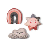 Fringe Studio 3 Piece Canvas Rain or Shine Mini Dog Toy Set, a pink rainbow, a smiling sun and a sleepy grey cloud plush toy on white