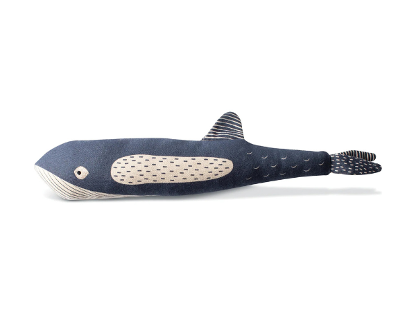 Fringe Studio There She Blows Canvas Dog Toy, a navy plush whale with a cream belly