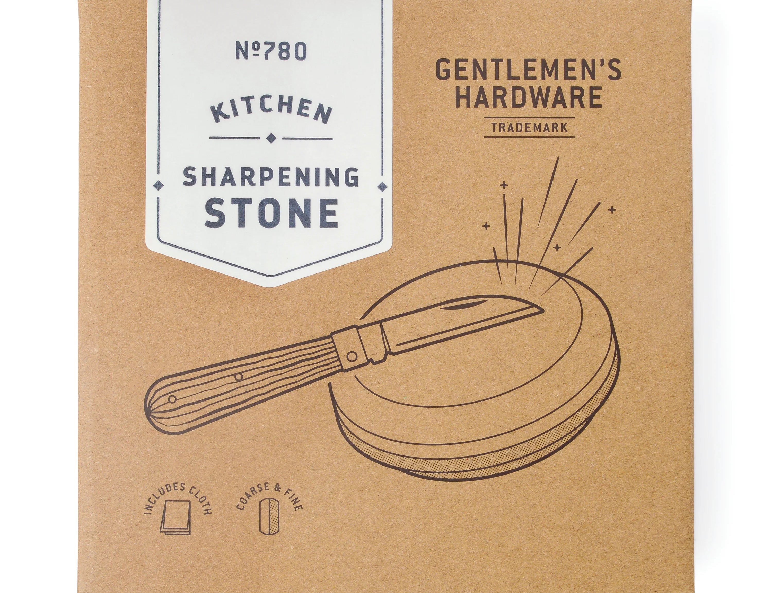 Gentlemen's Hardware Sharpening Stone in its kraft box with a knife illustration