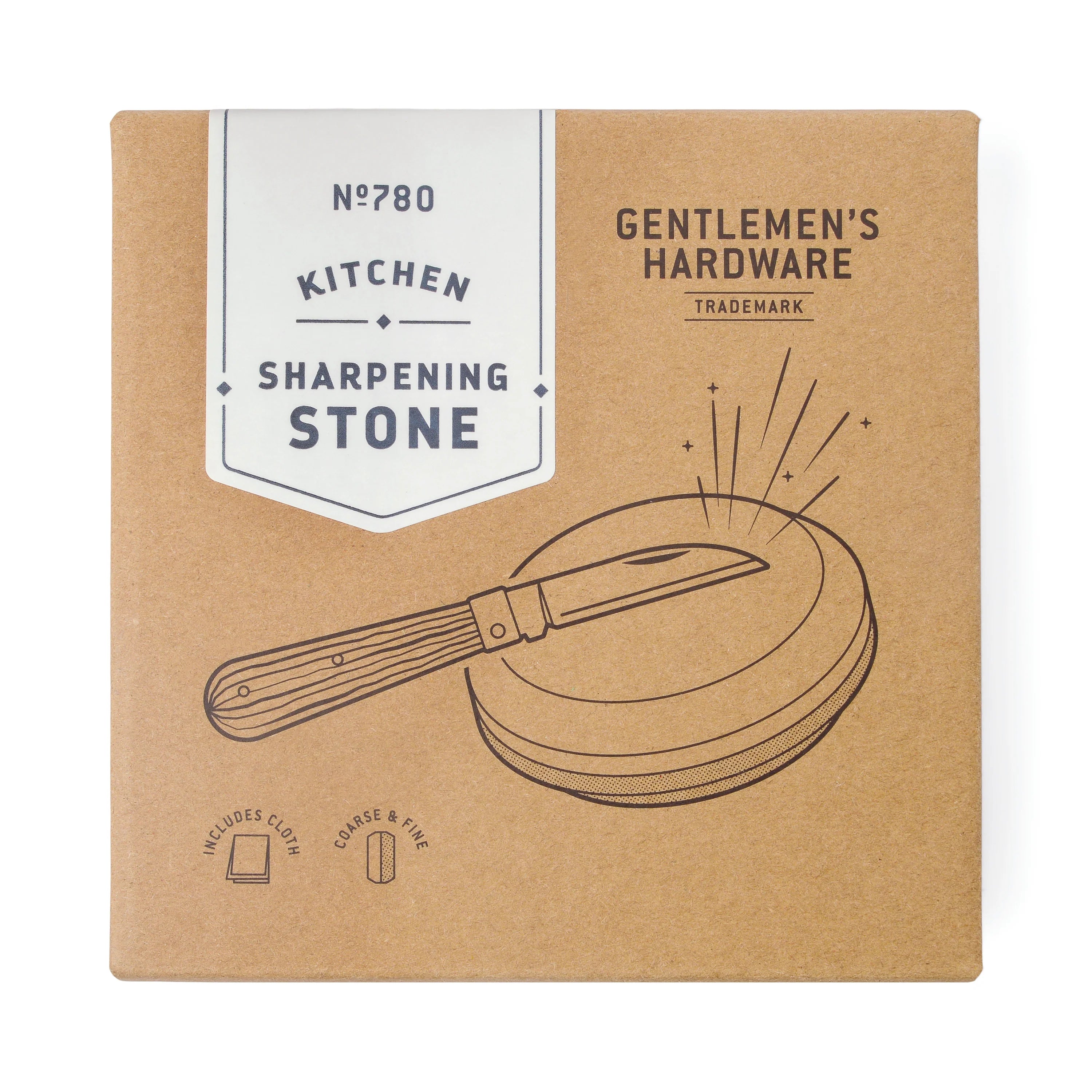 Gentlemen's Hardware Sharpening Stone in its kraft box with a knife illustration
