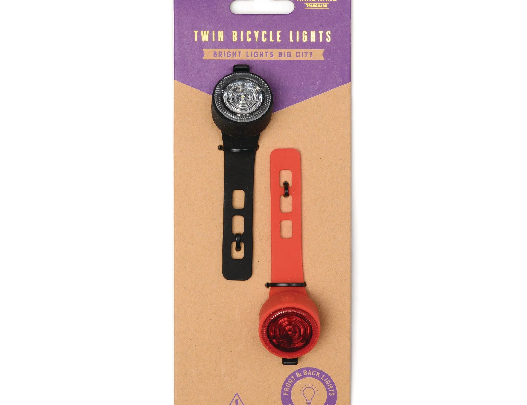 Gentlemen's Hardware Twin Bicycle Lights in their purple and kraft retail packaging