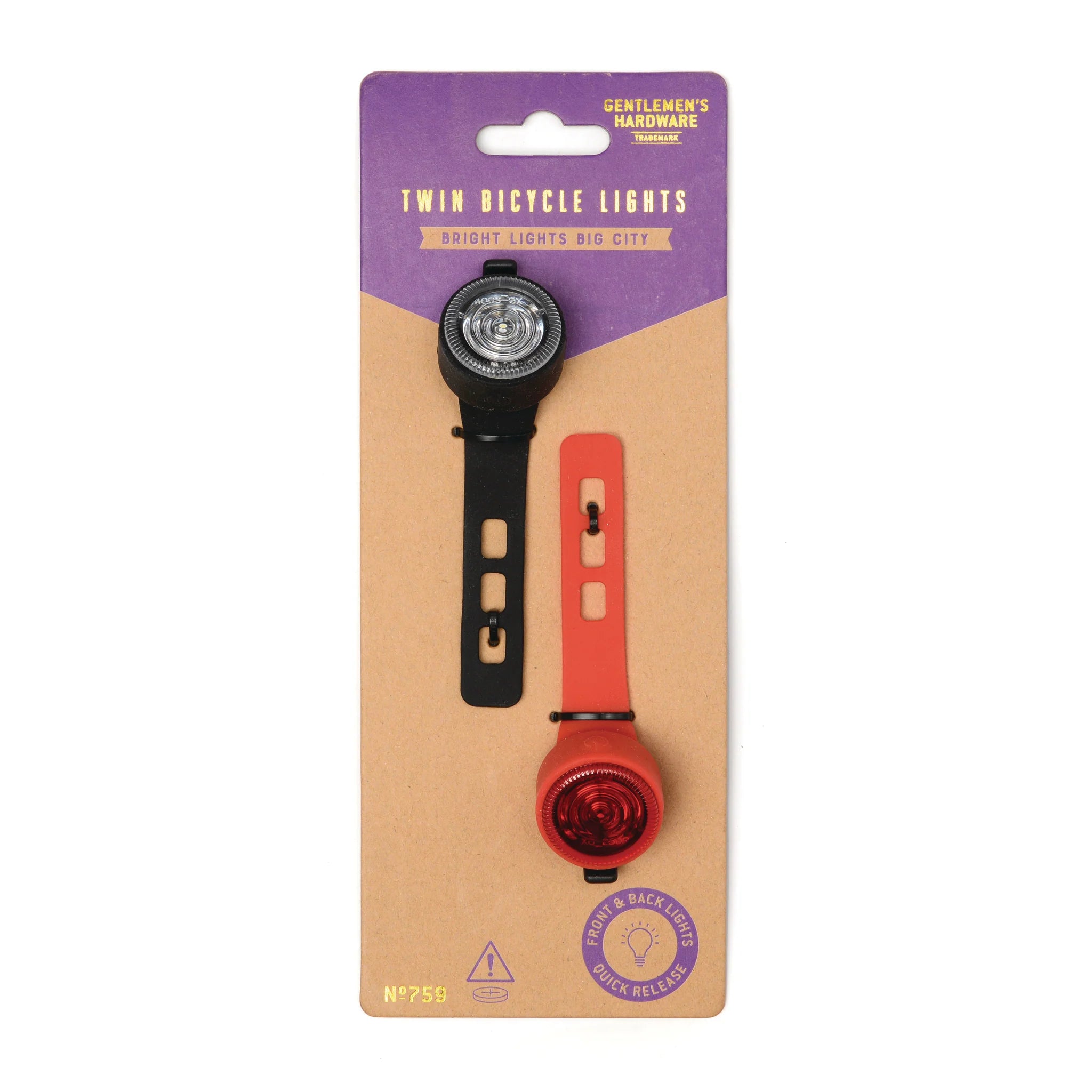 Gentlemen's Hardware Twin Bicycle Lights in their purple and kraft retail packaging