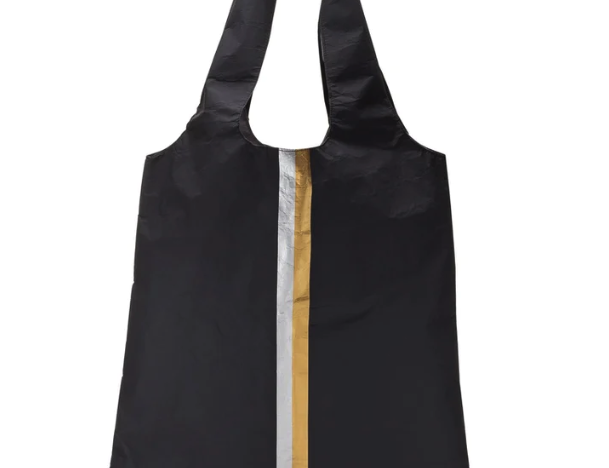Hi Love Carryall Tote Bag with Pocket, black carryall tote with a silver and gold stripe down the front