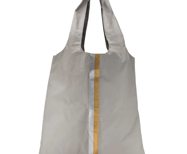 Hi Love Carryall Tote in Earth Gray with silver and gold vertical stripes