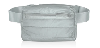 Hi Love Puffer Fanny Pack in Shimmer Gray, a quilted metallic gray belt bag