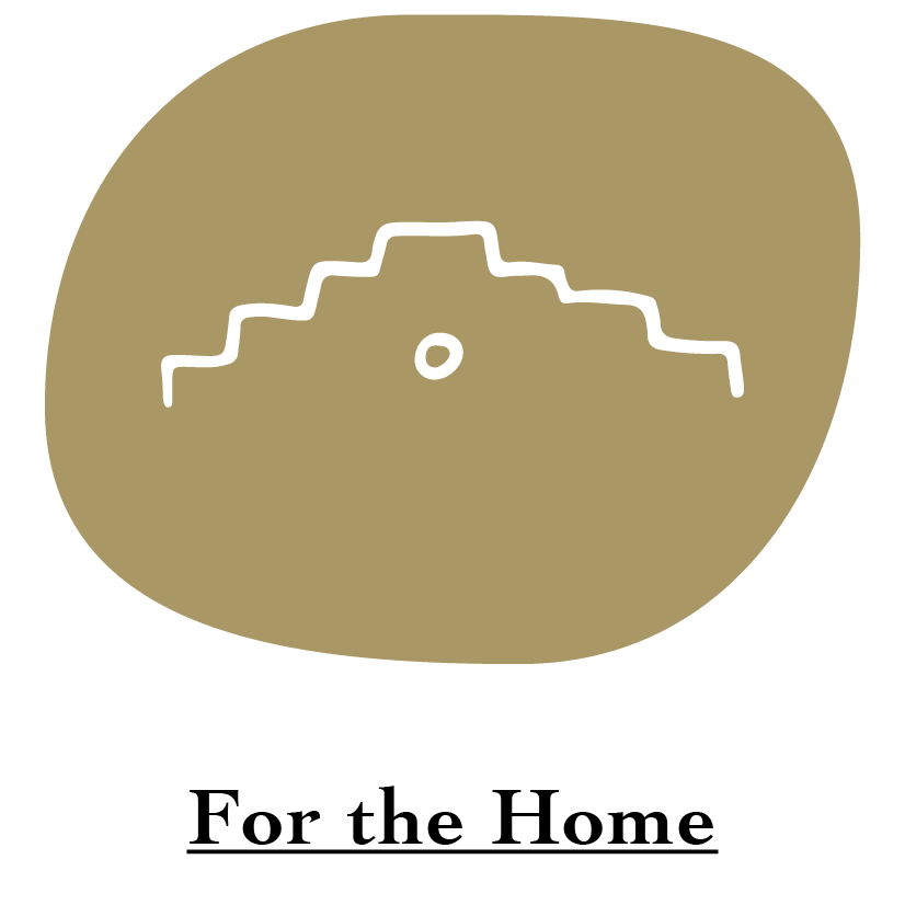 "For the Home" category name with white Adobe style home roof and window illustration on gold circle