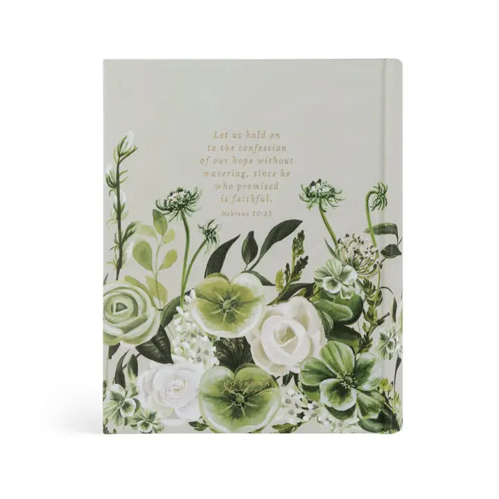 Hosanna Revival CSB Notetaking Bible Dorset theme back cover with floral print and a scripture verse