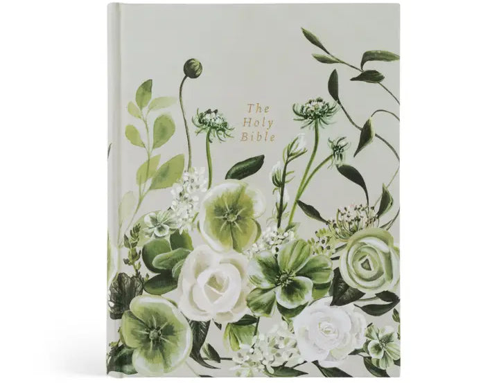 Hosanna Revival CSB Notetaking Bible in the Dorset theme, a hardcover with white roses and greenery on sage