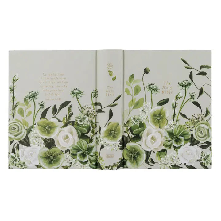 Hosanna Revival CSB Notetaking Bible Dorset theme full cover spread with white roses and greenery