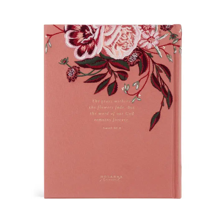 Hosanna Revival CSB Notetaking Bible Rosedal theme back cover with florals and a scripture verse