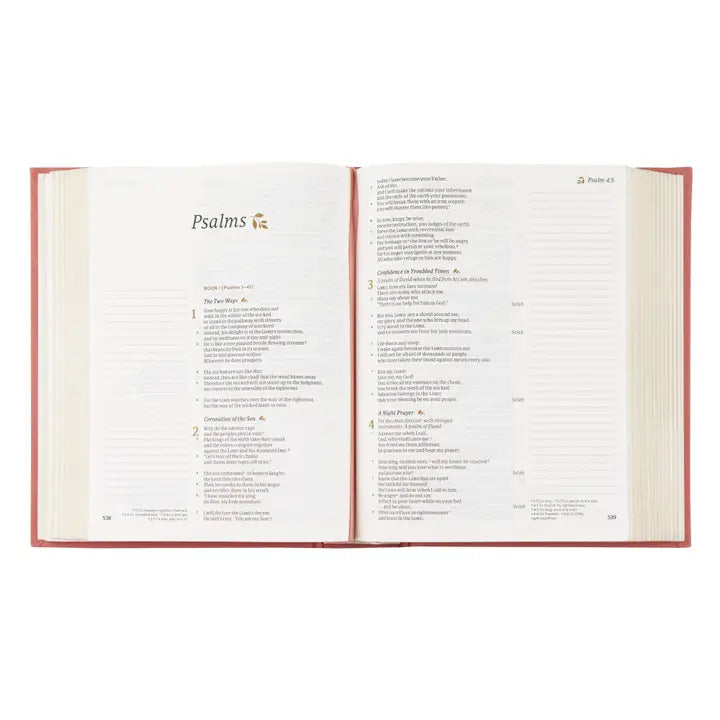 Hosanna Revival CSB Notetaking Bible Rosedal theme open to Psalms with wide journaling margins
