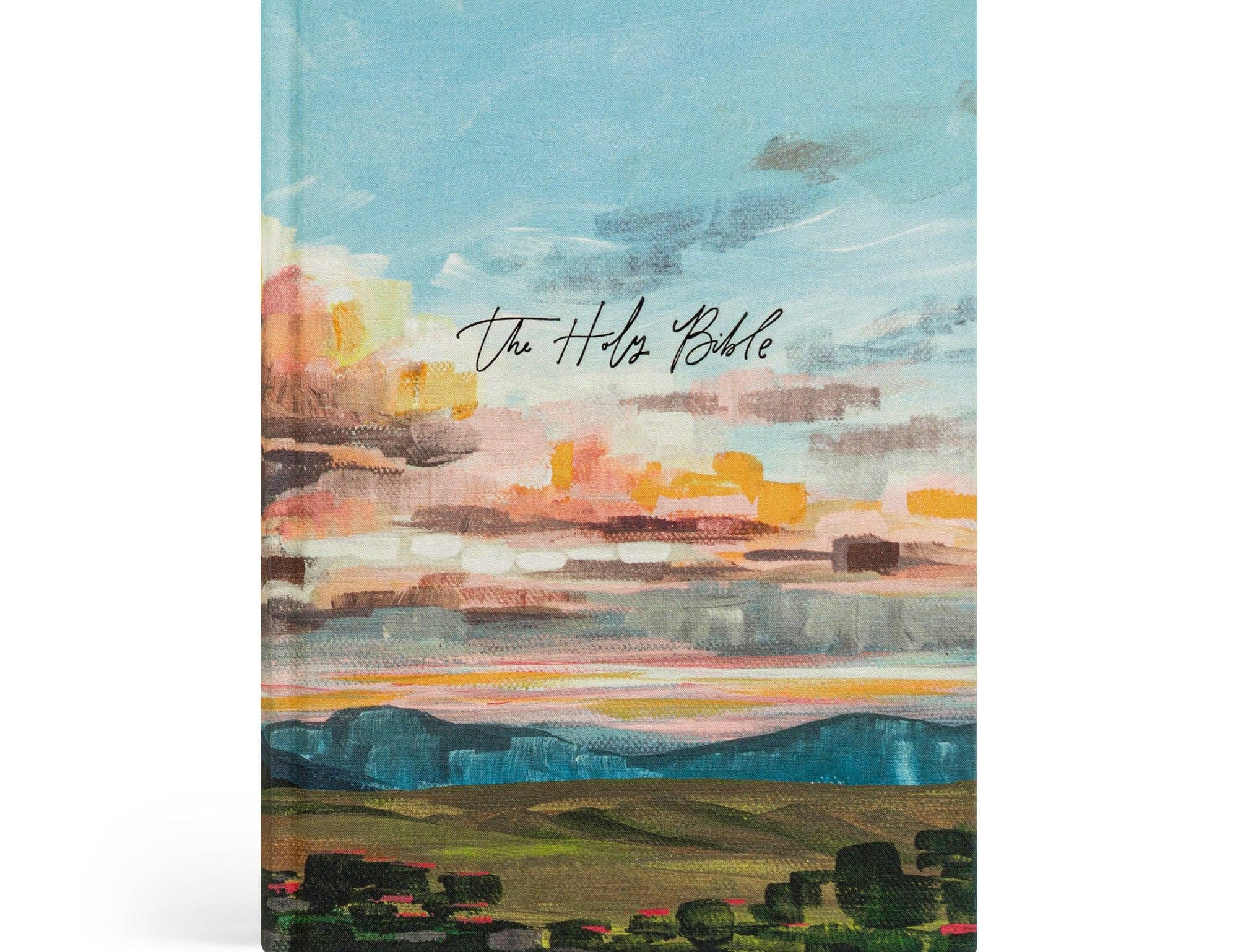 Hosanna Revival ESV Journaling Bible in the Santa Lucia theme, a painted sunset landscape cover over green hills