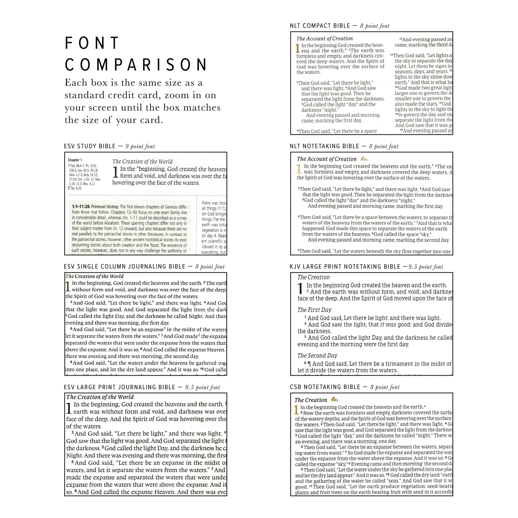 Hosanna Revival Bible font size comparison chart across compact, notetaking and study editions
