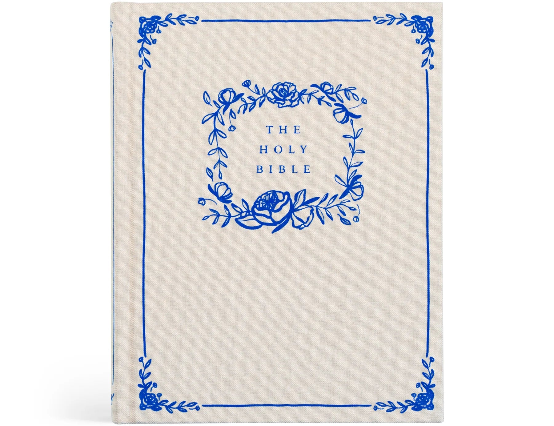 Hosanna Revival NLT Notetaking Bible in the Adelaide theme, a cream cover with a blue floral wreath and border