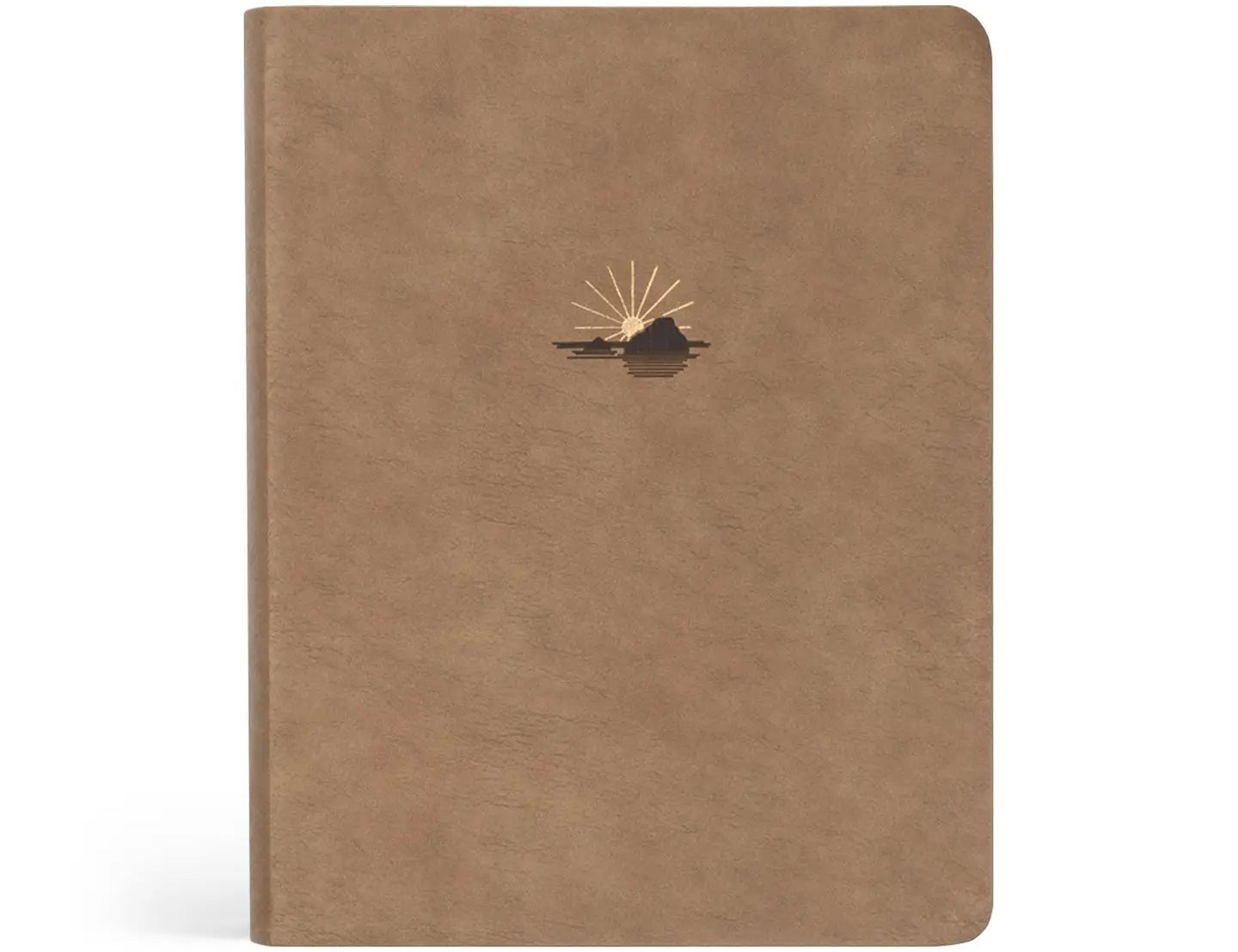 Hosanna Revival NLT Notetaking Bible in the Galilee theme, a tan faux leather cover with a gold sunrise emblem