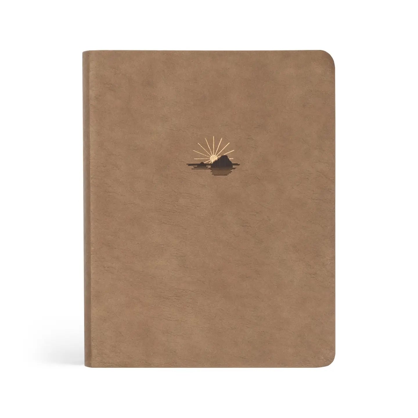 Hosanna Revival NLT Notetaking Bible in the Galilee theme, a tan faux leather cover with a gold sunrise emblem
