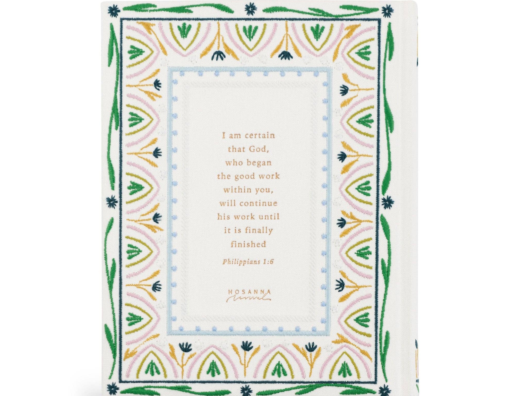 Hosanna Revival NLT Notetaking Bible Lisbon theme back cover with a Philippians 1:6 verse
