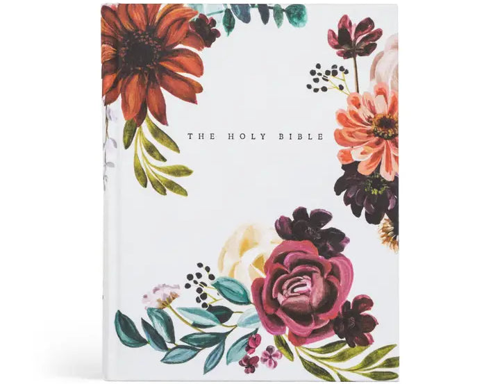 Hosanna Revival NLT Notetaking Bible in the Madrid theme, a white cover with burgundy and rust painted florals