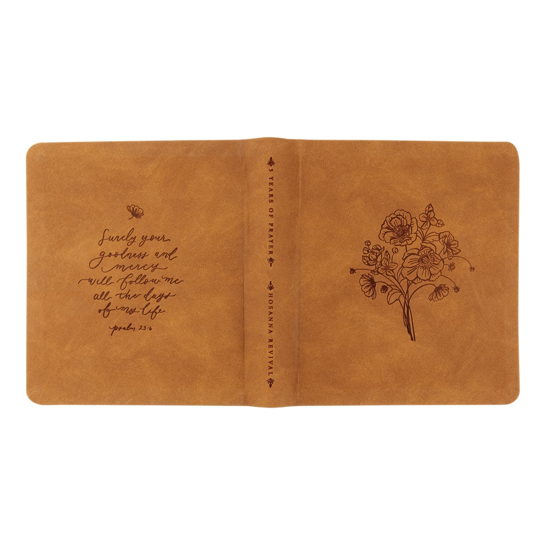 Hosanna Revival One Thing I Ask prayer journal in Amelia, full tan cover spread with a floral sketch