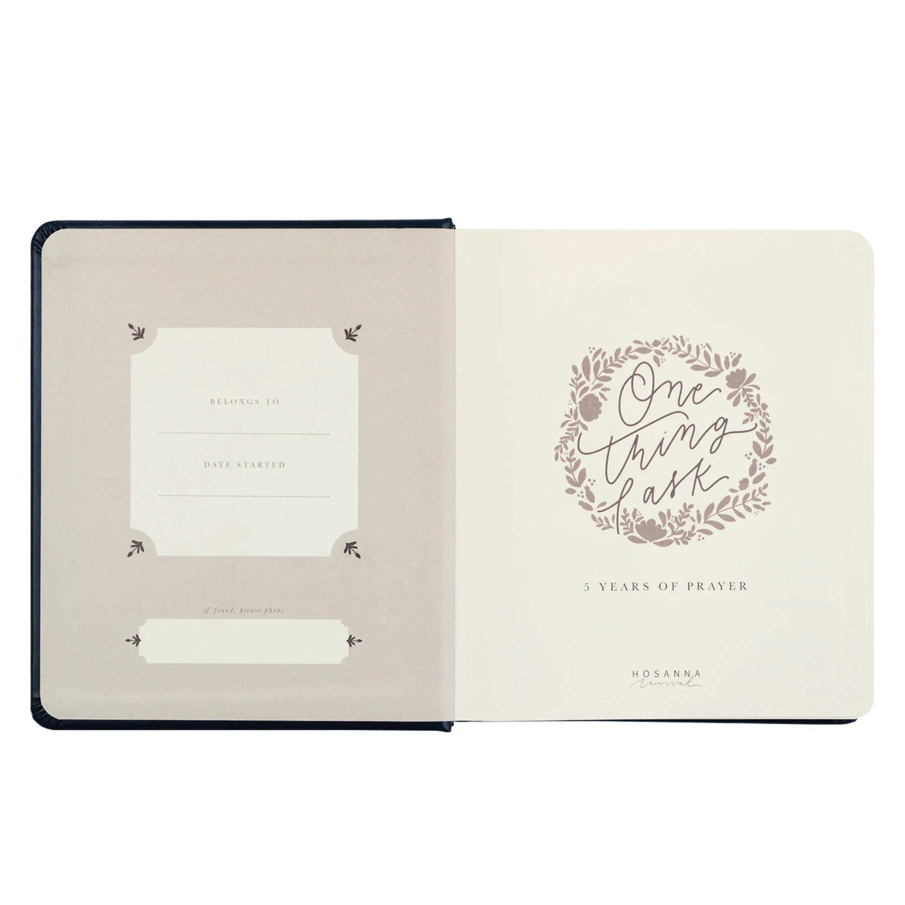 Hosanna Revival One Thing I Ask prayer journal open to the title page with a gold wreath