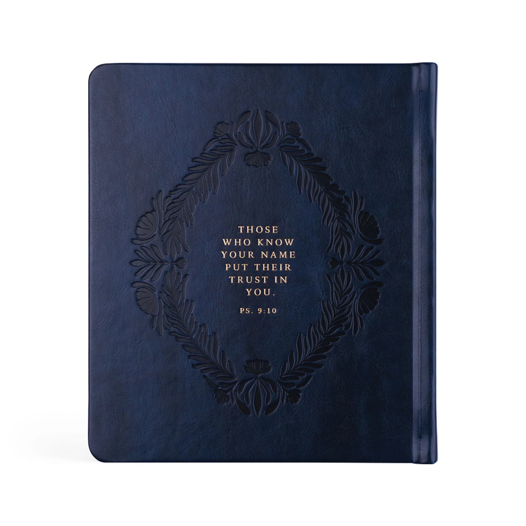 Hosanna Revival One Thing I Ask prayer journal in Versailles, back cover with an embossed Psalm 9:10 verse
