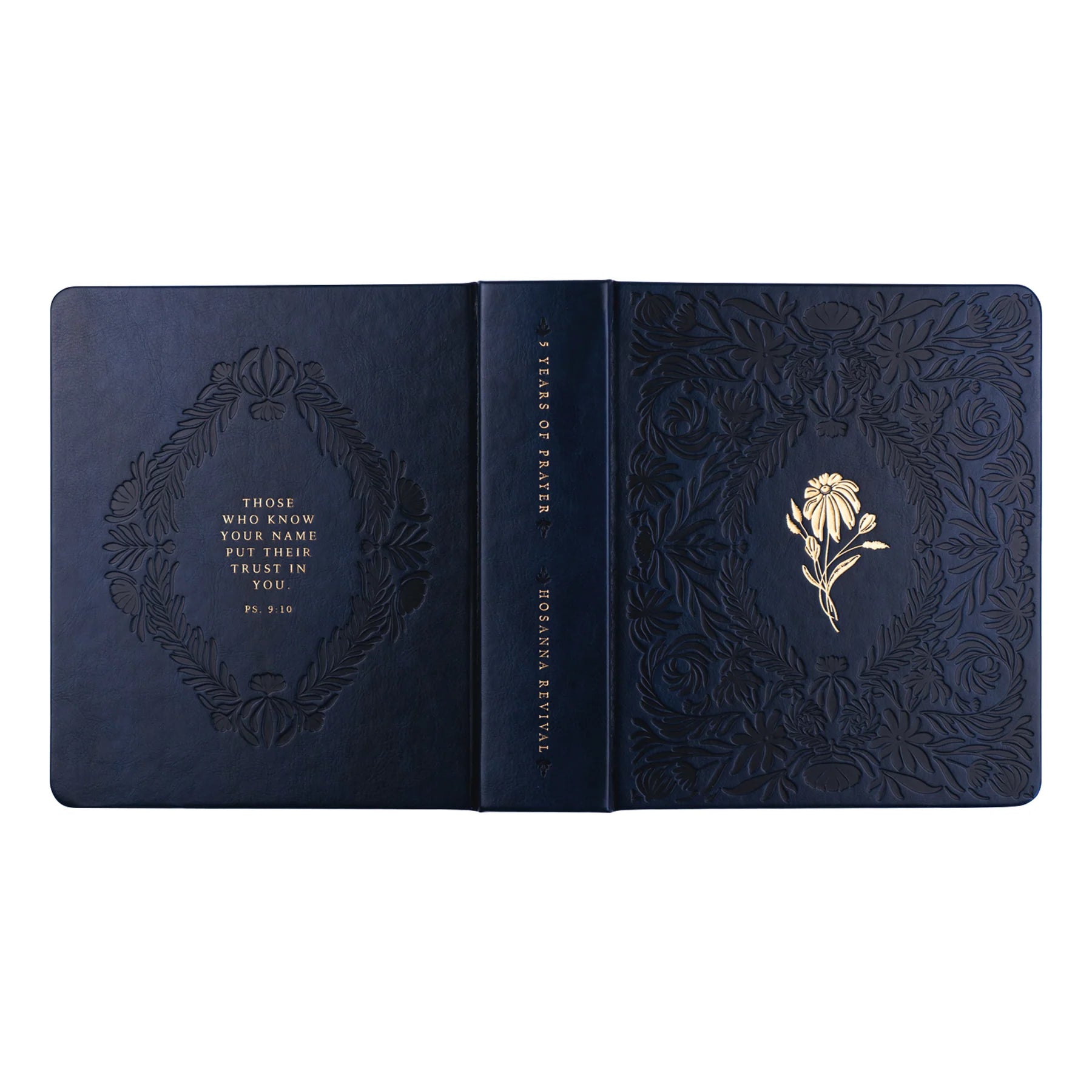 Hosanna Revival One Thing I Ask prayer journal in Versailles, full navy cover spread with gold flower