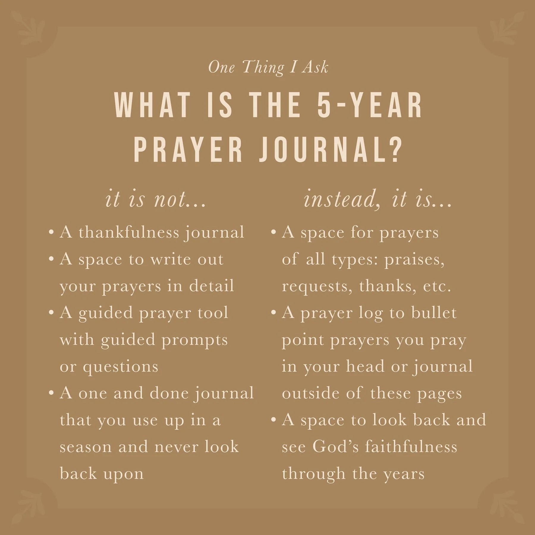 Hosanna Revival One Thing I Ask infographic explaining what the 5-Year Prayer Journal is and is not