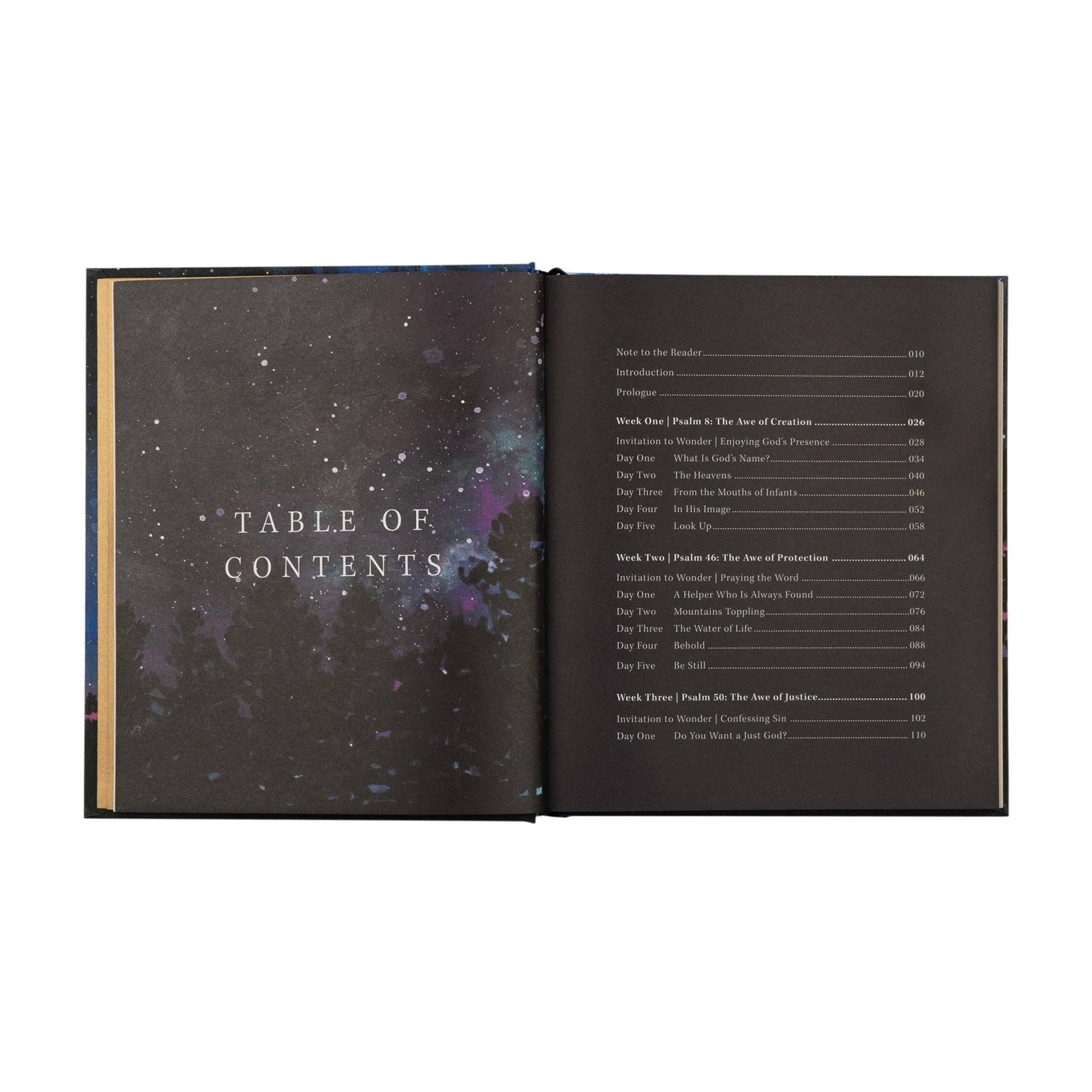 Hosanna Revival Wonder by Alicia Hamilton, open to the table of contents on a night sky background