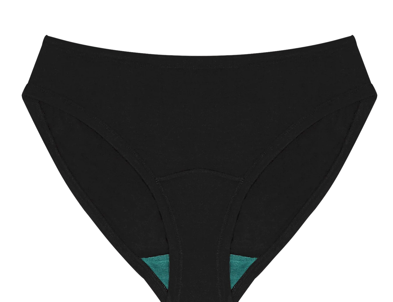 Huha Mineral Bikini underwear in Black, front view laid flat showing the teal gusset