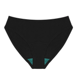 Huha Mineral Bikini underwear in Black, front view laid flat showing the teal gusset