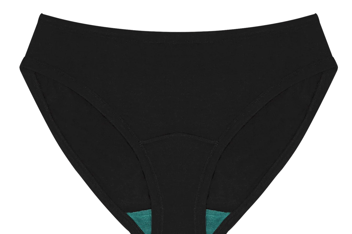 Huha Mineral Bikini underwear in Black, front view laid flat showing the teal gusset