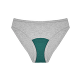 Huha Mineral Bikini underwear in Grey, front view laid flat with the teal gusset visible