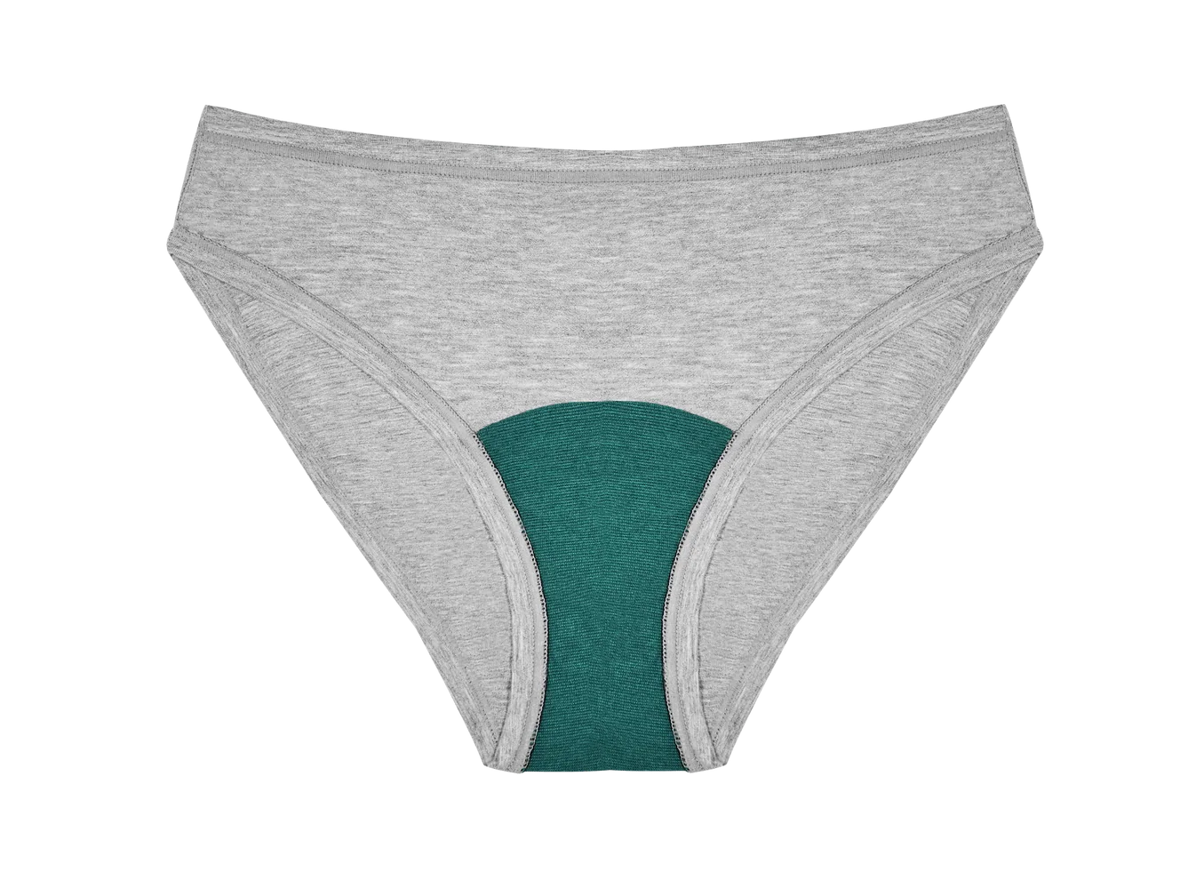 Huha Mineral Bikini underwear in Grey, front view laid flat with the teal gusset visible
