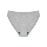 Huha Mineral Bikini underwear in Grey, front view laid flat showing the teal gusset