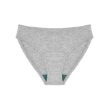 Huha Mineral Bikini underwear in Grey, front view laid flat showing the teal gusset
