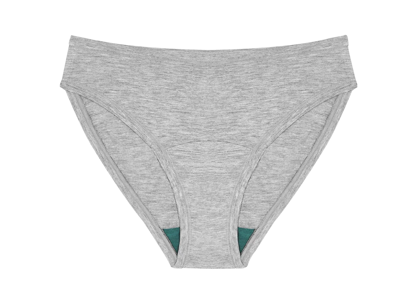 Huha Mineral Bikini underwear in Grey, front view laid flat showing the teal gusset
