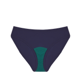 Huha Mineral Bikini underwear in Navy, front view laid flat with the teal gusset visible