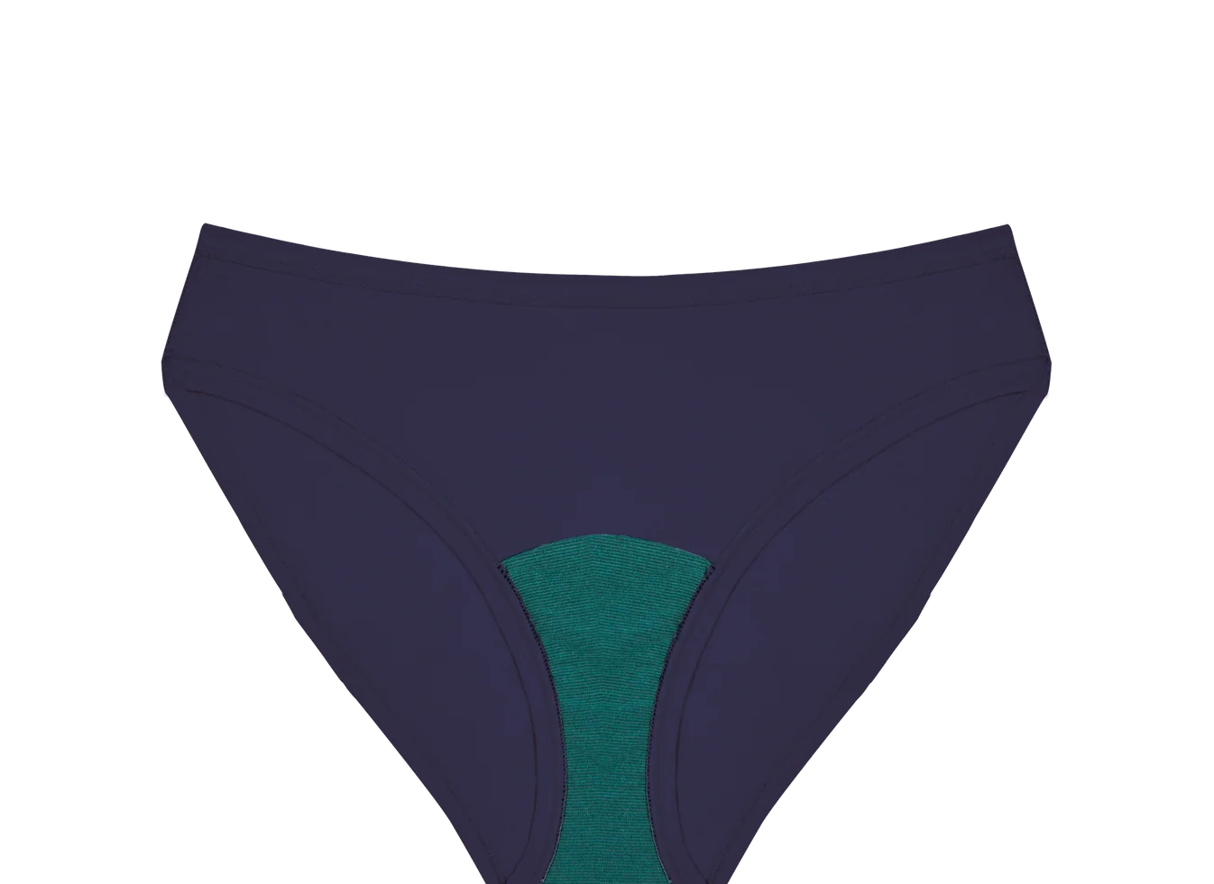 Huha Mineral Bikini underwear in Navy, front view laid flat with the teal gusset visible