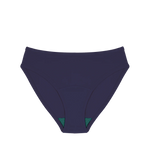 Huha Mineral Bikini underwear in Navy, front view laid flat showing the teal gusset