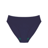 Huha Mineral Bikini underwear in Navy, front view laid flat showing the teal gusset