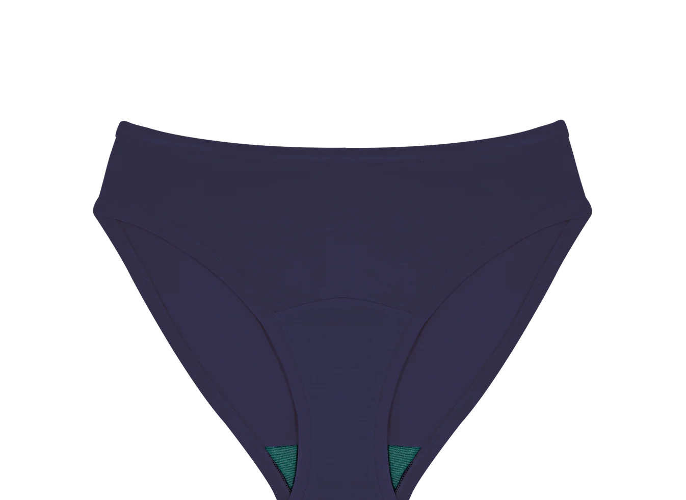 Huha Mineral Bikini underwear in Navy, front view laid flat showing the teal gusset