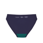 Huha Mineral Bikini underwear in Navy, inside view laid flat showing the teal gusset and printed label