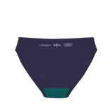 Huha Mineral Bikini underwear in Navy, inside view laid flat showing the teal gusset and printed label