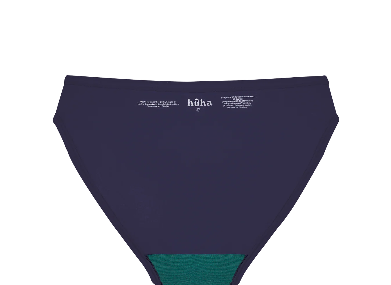 Huha Mineral Bikini underwear in Navy, inside view laid flat showing the teal gusset and printed label