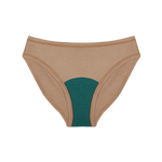 Huha Mineral Bikini underwear in Tan, front view laid flat with the teal gusset visible