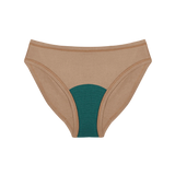 Huha Mineral Bikini underwear in Tan, front view laid flat with the teal gusset visible
