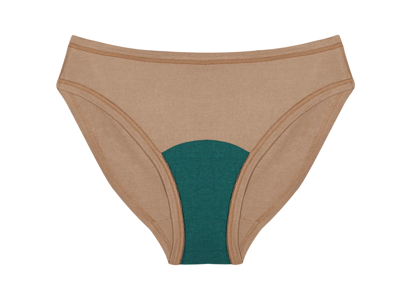 Huha Mineral Bikini underwear in Tan, front view laid flat with the teal gusset visible