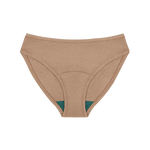 Huha Mineral Bikini underwear in Tan, front view laid flat showing the teal gusset