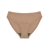 Huha Mineral Bikini underwear in Tan, front view laid flat showing the teal gusset
