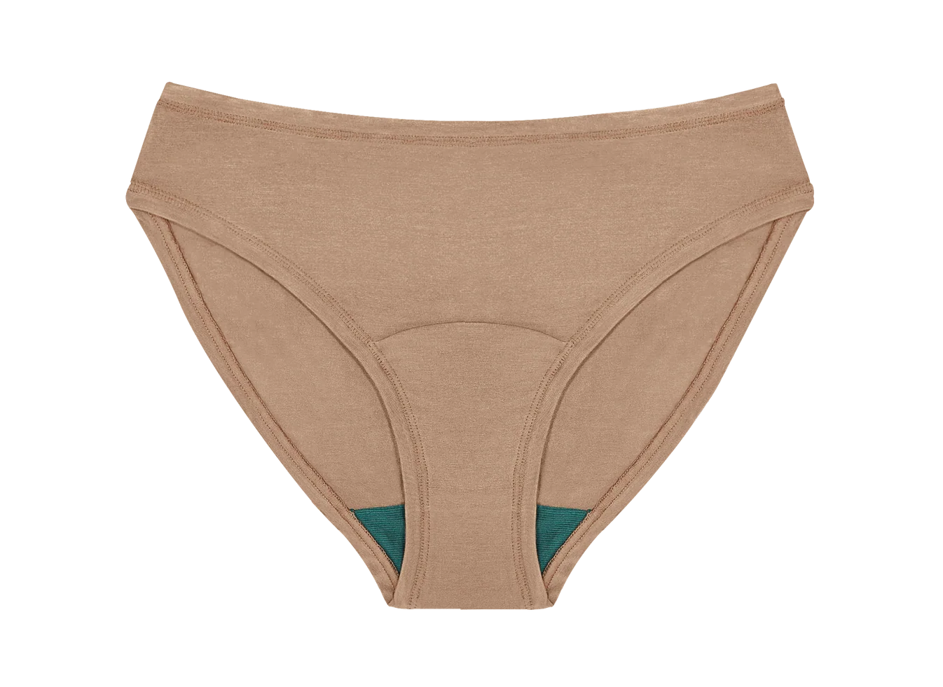 Huha Mineral Bikini underwear in Tan, front view laid flat showing the teal gusset
